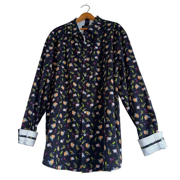Alex Vando Instruments Button Up Black Shirt Musical Flip Over Print Cuff XXL - Picture 5 of 7